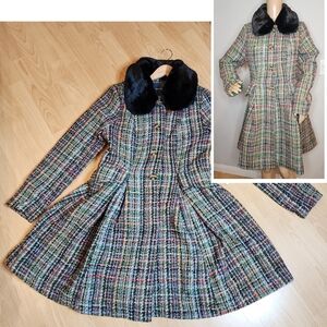 NWT Modcloth Multi Colored Tweed Flare Coat Removable Faux Fur Collar Medium